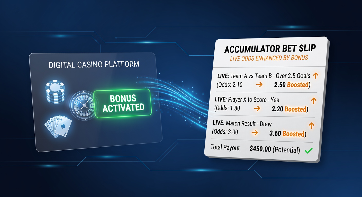 Digital interface showing casino slots alongside live sports odds with accumulator selections highlighted