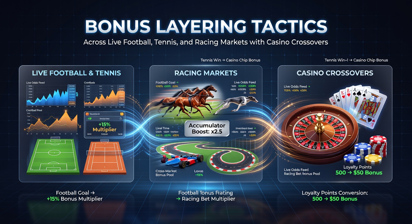 Illustration showing layered bonus structures across football, tennis, and racing betting interfaces with casino crossover elements