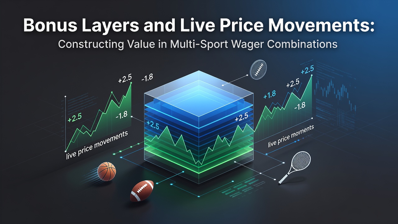 Visual representation of layered bonuses interacting with live odds movements across multiple sports events