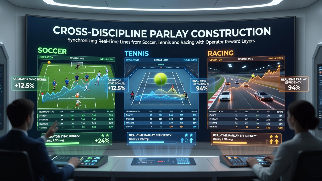 Diagram showing synchronized live odds feeds from soccer, tennis, and racing events feeding into a central parlay builder interface