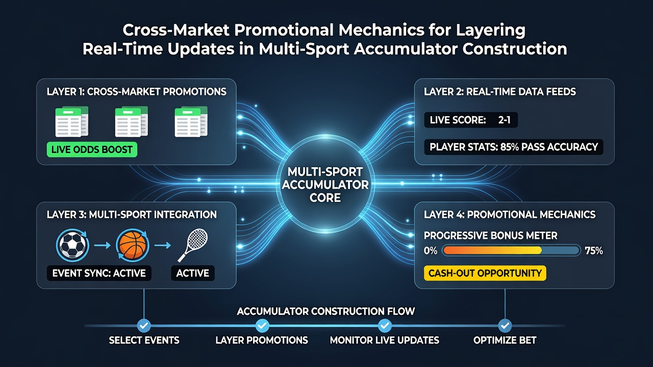 Screenshot example of a multi-sport accumulator interface displaying layered real-time promotional updates across tennis and football selections