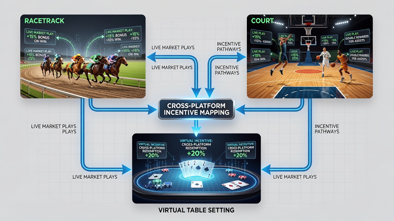 Screenshot of a cross-platform dashboard displaying live odds and bonus mappings for horse racing, tennis, and virtual tables