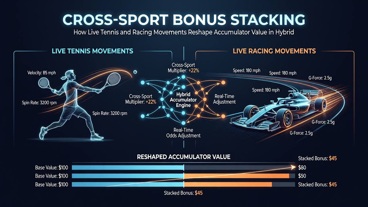 Diagram showing cross-sport accumulator bonus layers and live odds adjustments