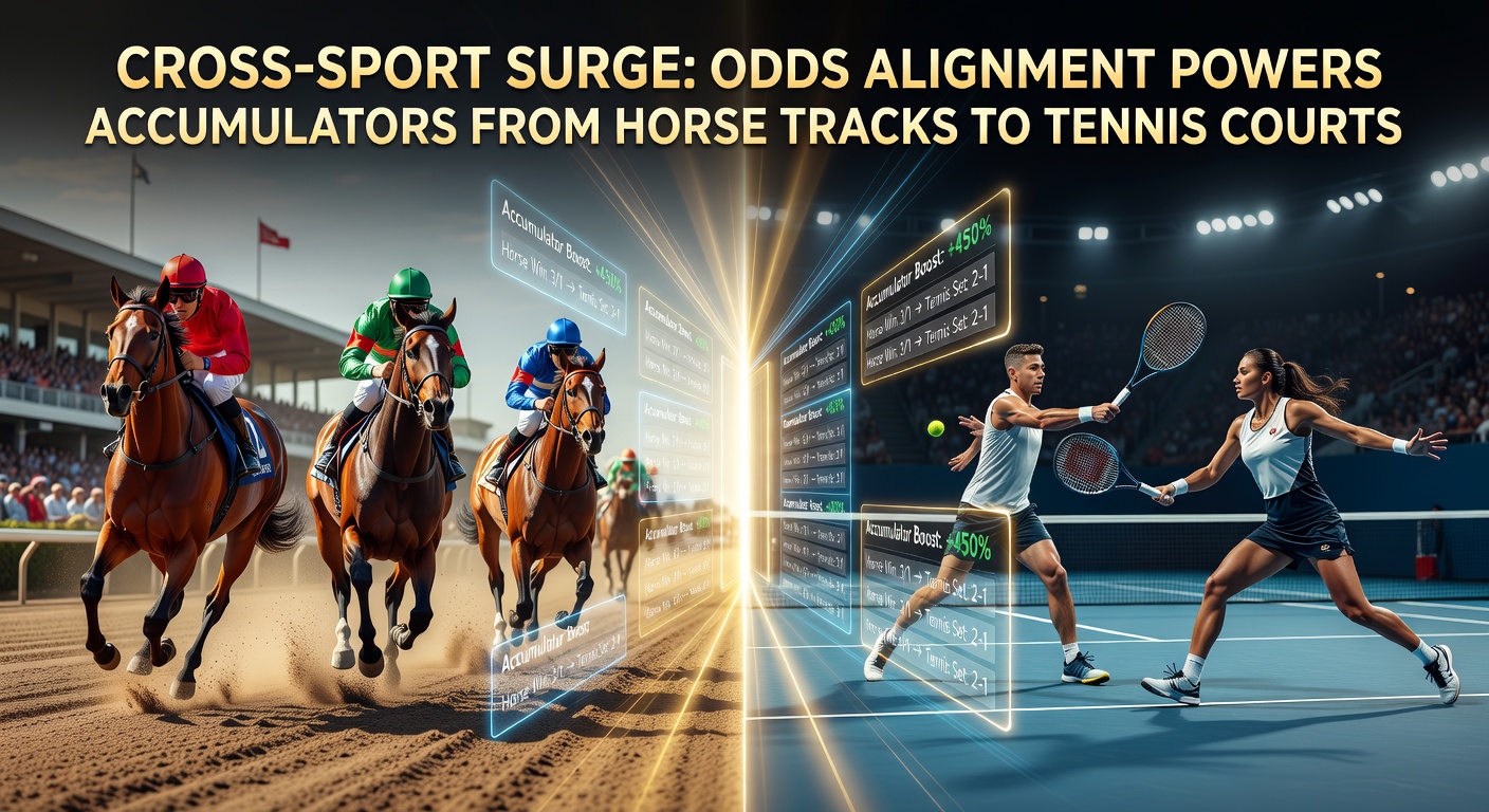 Horse racing track with overlaid tennis court graphics symbolizing cross-sport betting fusion