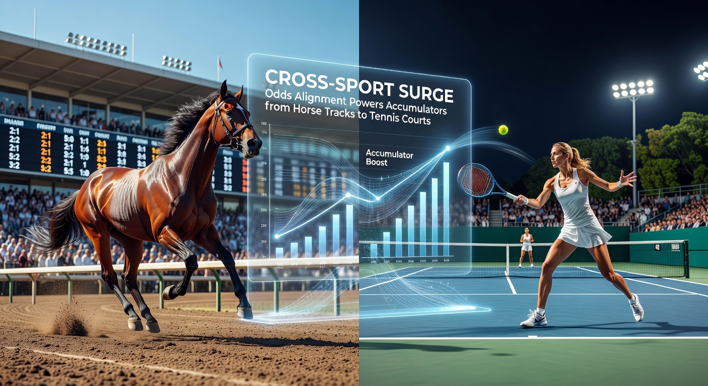Tennis player serving on court with horse racing odds overlay illustrating accumulator synergy