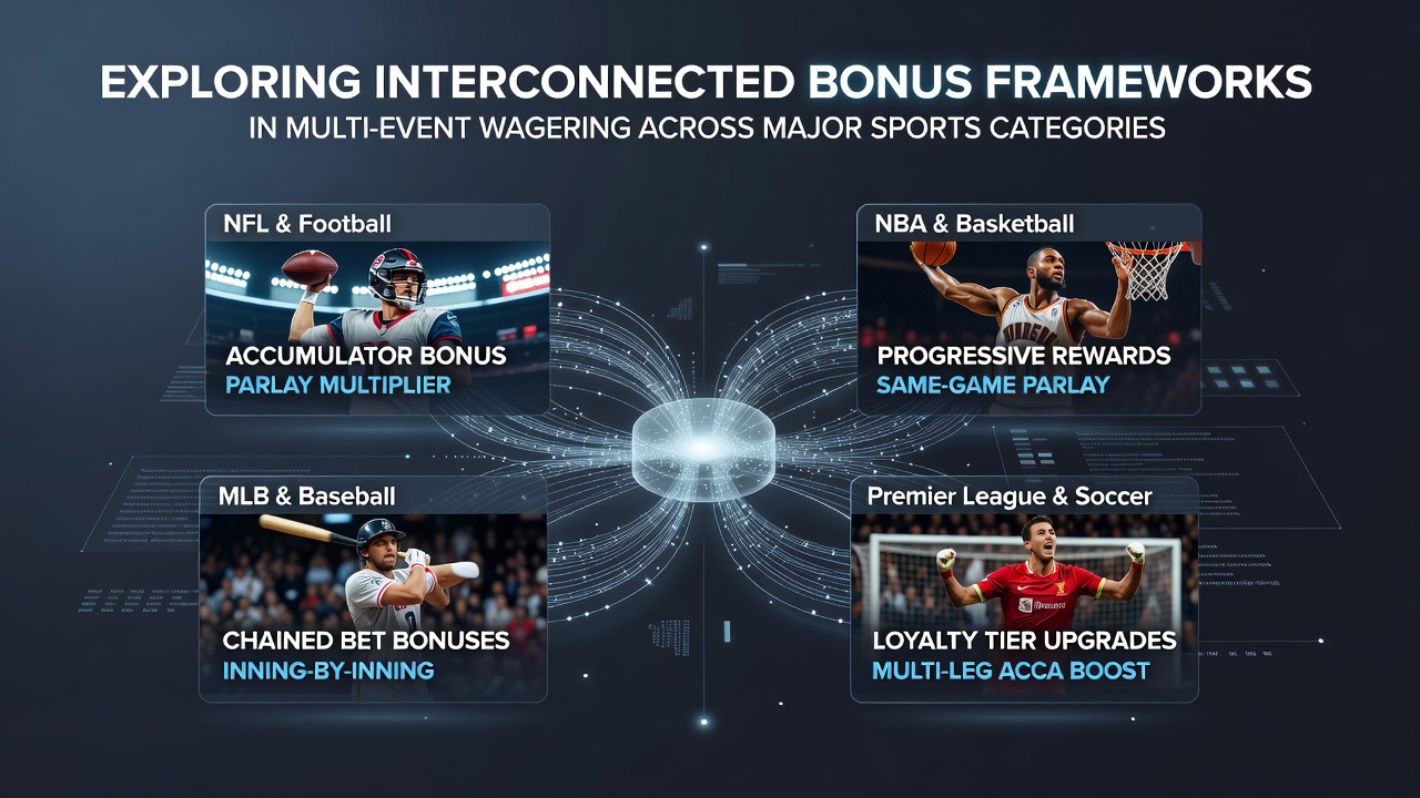 Diagram showing linked bonus structures across football, tennis, and basketball betting events