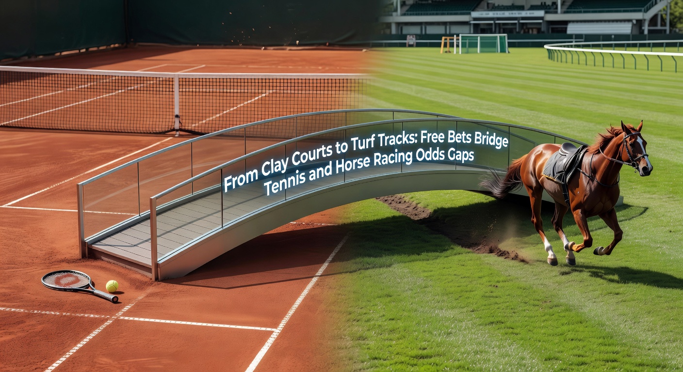 Tennis player executing a slide on red clay court, transitioning visually to a horse charging down a lush green turf track under sunny skies