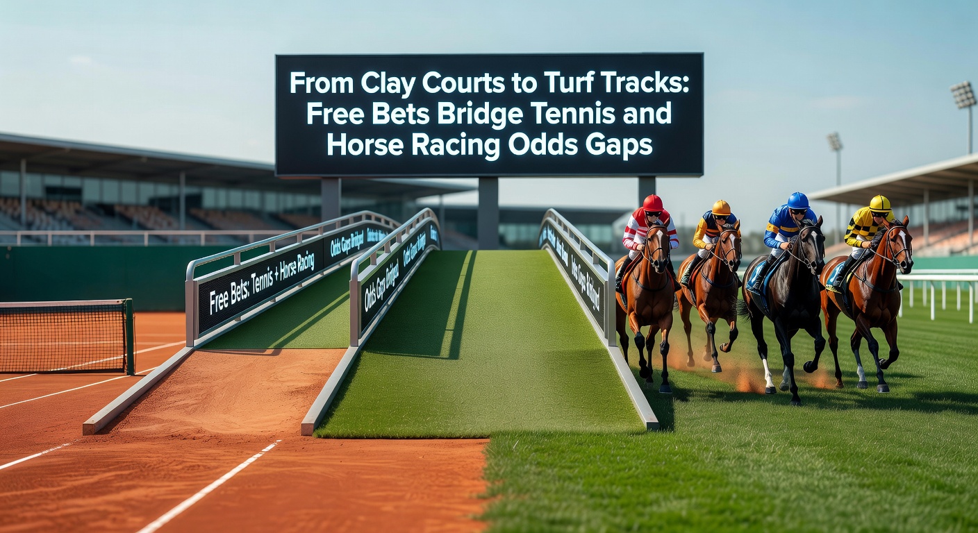 Dynamic split image showing a close-up tennis rally on clay dust clouds merging into a field of horses thundering on turf, with overlaid odds displays highlighting free bet icons