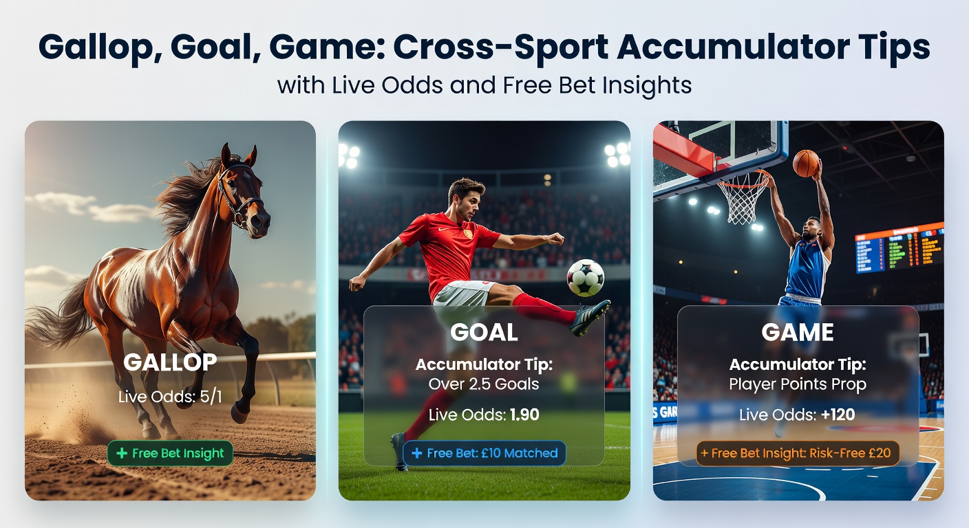 Split-screen view of live betting interface showing soccer match odds, horse racing updates, and tennis scores fueling a building cross-sport accumulator