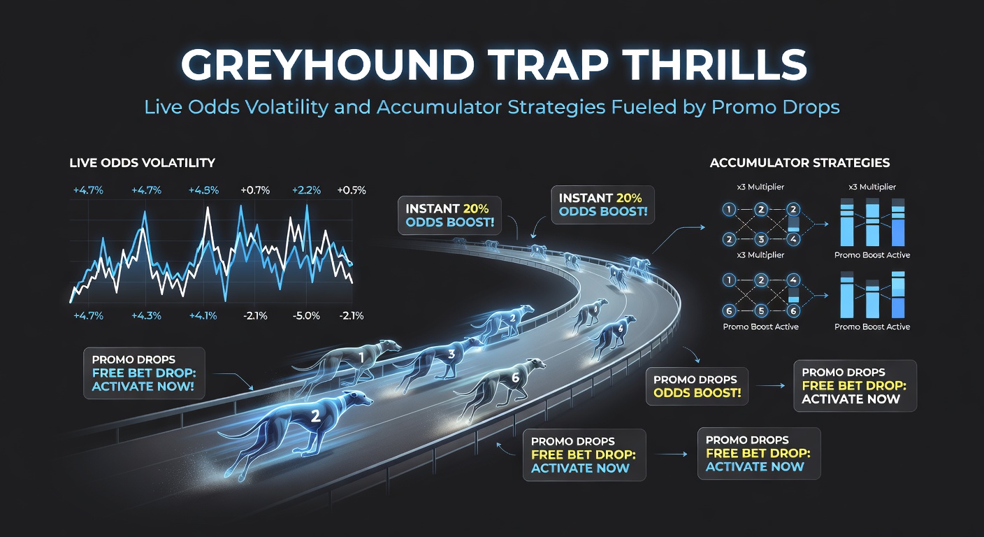 Live betting interface displaying fluctuating greyhound odds during a race, with accumulator options highlighted