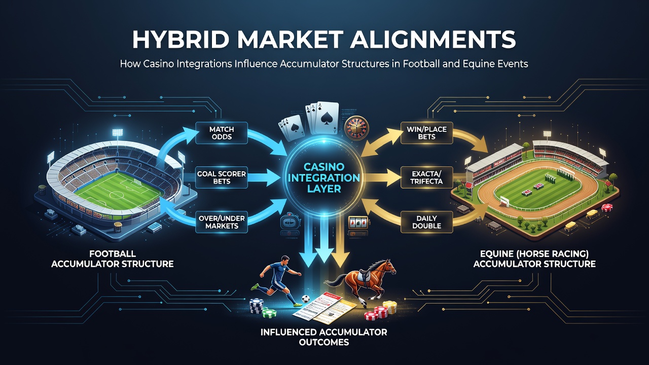 Illustration showing overlapping casino and sports betting interfaces with accumulator bet structures for football and horse racing