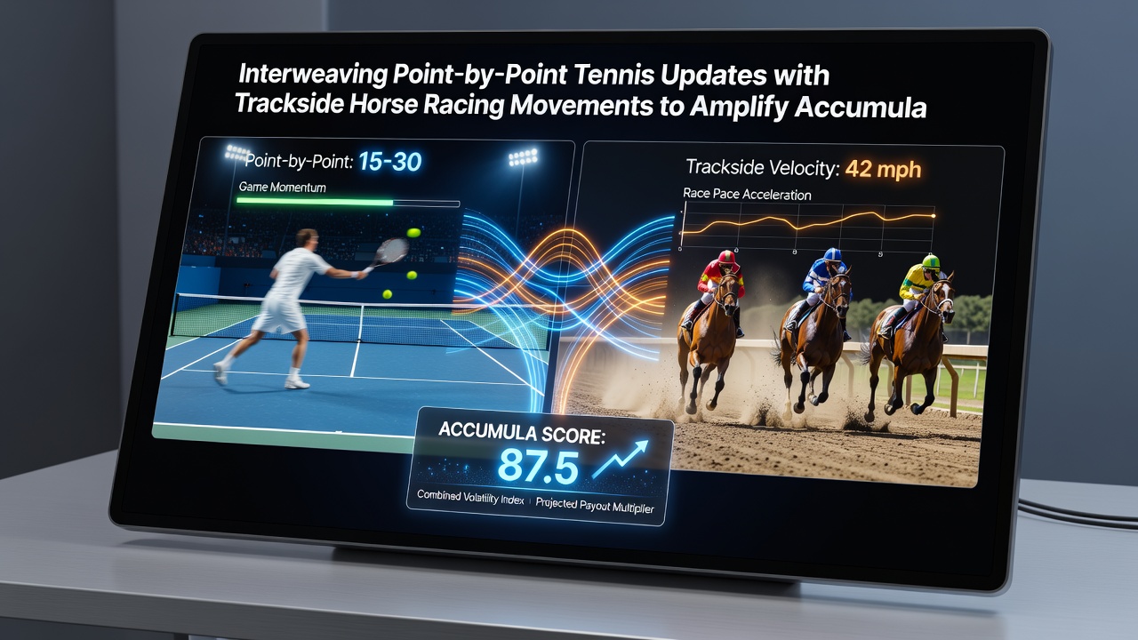 Split screen showing live tennis scoreboard and horse racing pace graphics with accumulator bet slip