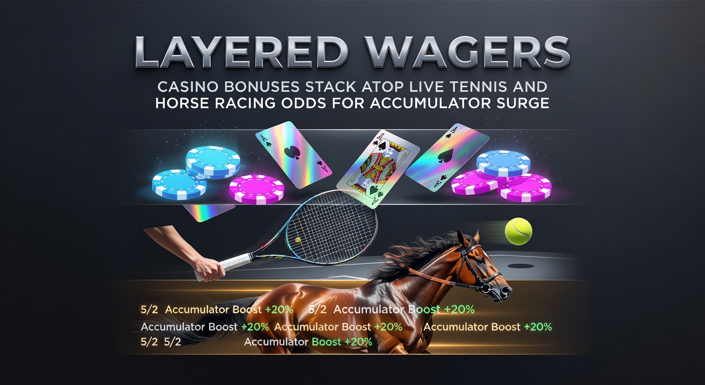 Dynamic graphic illustrating layered wagers where casino bonuses overlay live odds from tennis matches and horse races, boosting accumulator payouts