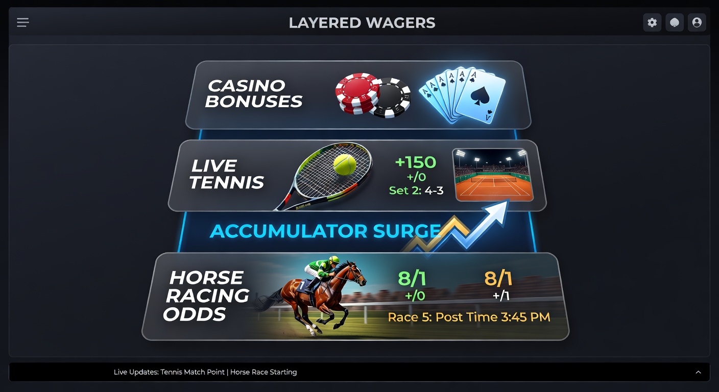 Close-up visualization of an accumulator bet slip layering casino bonus credits onto live tennis and horse racing selections, showing multiplied odds and potential payouts