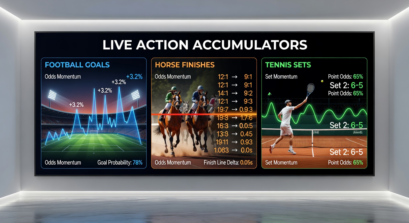 Horse racing photo finish with overlaid live accumulator odds board highlighting bonus-enhanced payouts