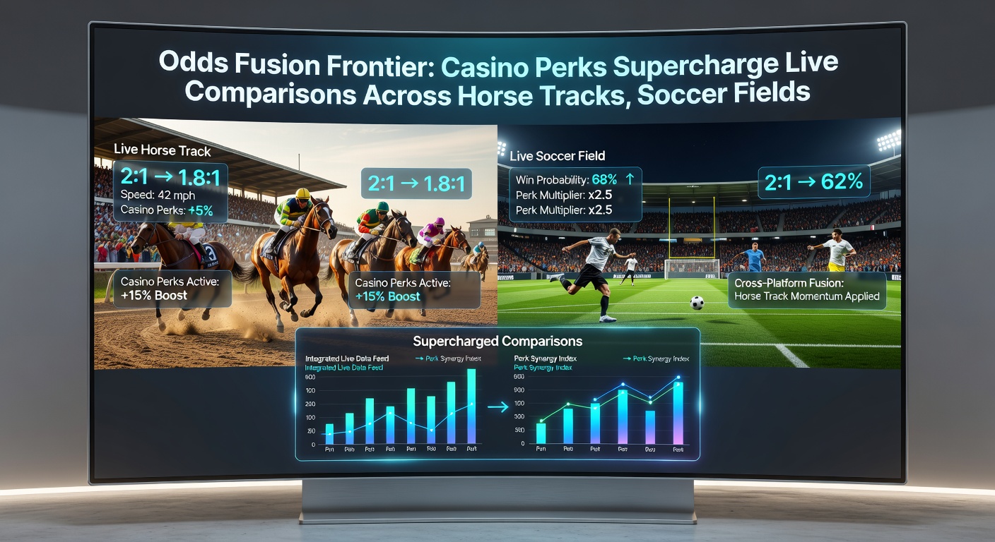 Split-screen view of soccer pitch action, tennis clay court rally, and horse racing finish line, with overlaid casino bonus icons and odds comparison charts