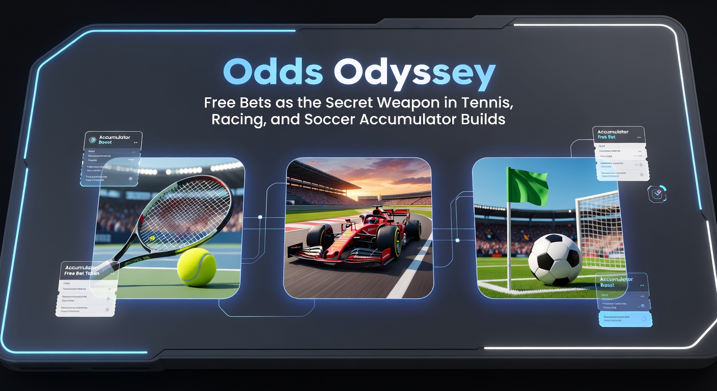 Dynamic graphic showing stacked accumulator bets with free bet tokens boosting tennis serves, horse races, and soccer goals