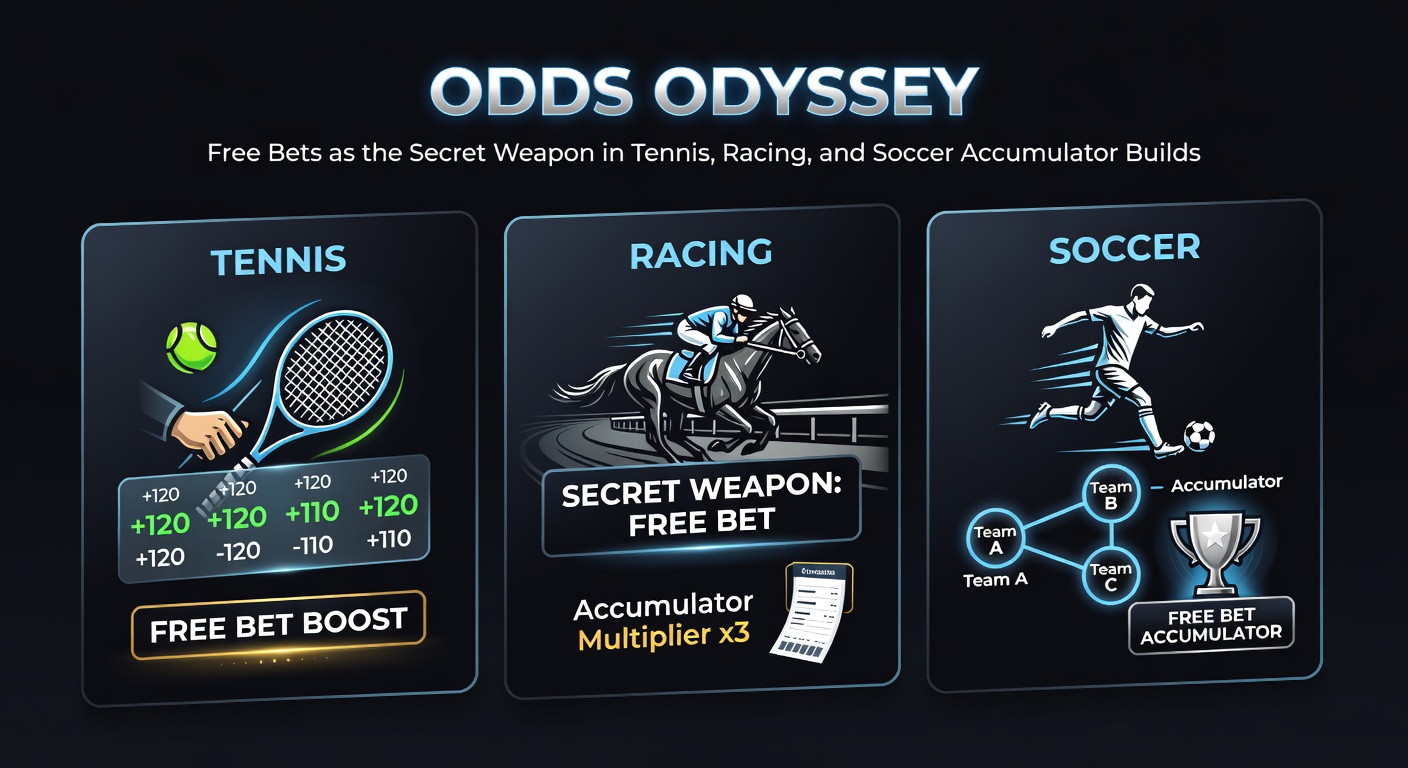 Vibrant scene of horse racing finish line with overlaid accumulator charts and free bet icons exploding payouts