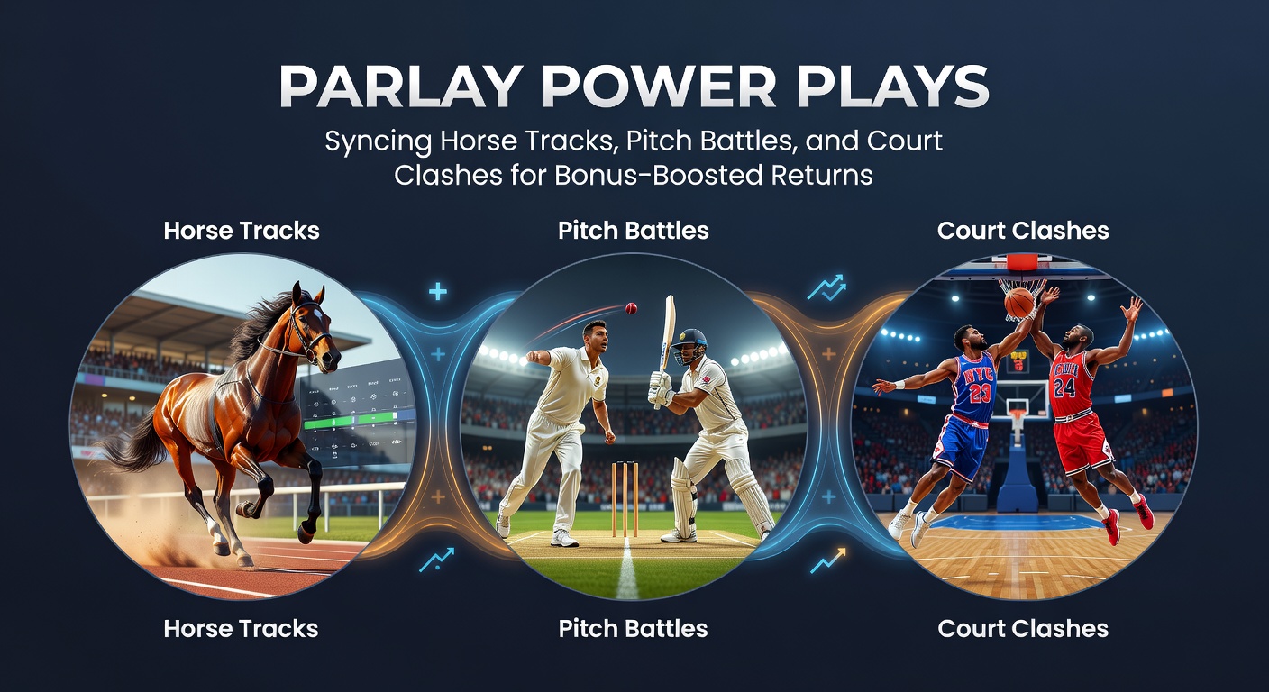 Dynamic collage of horse racing at full gallop, soccer players clashing on the pitch, and tennis rallies on clay courts, illustrating cross-sport parlay opportunities