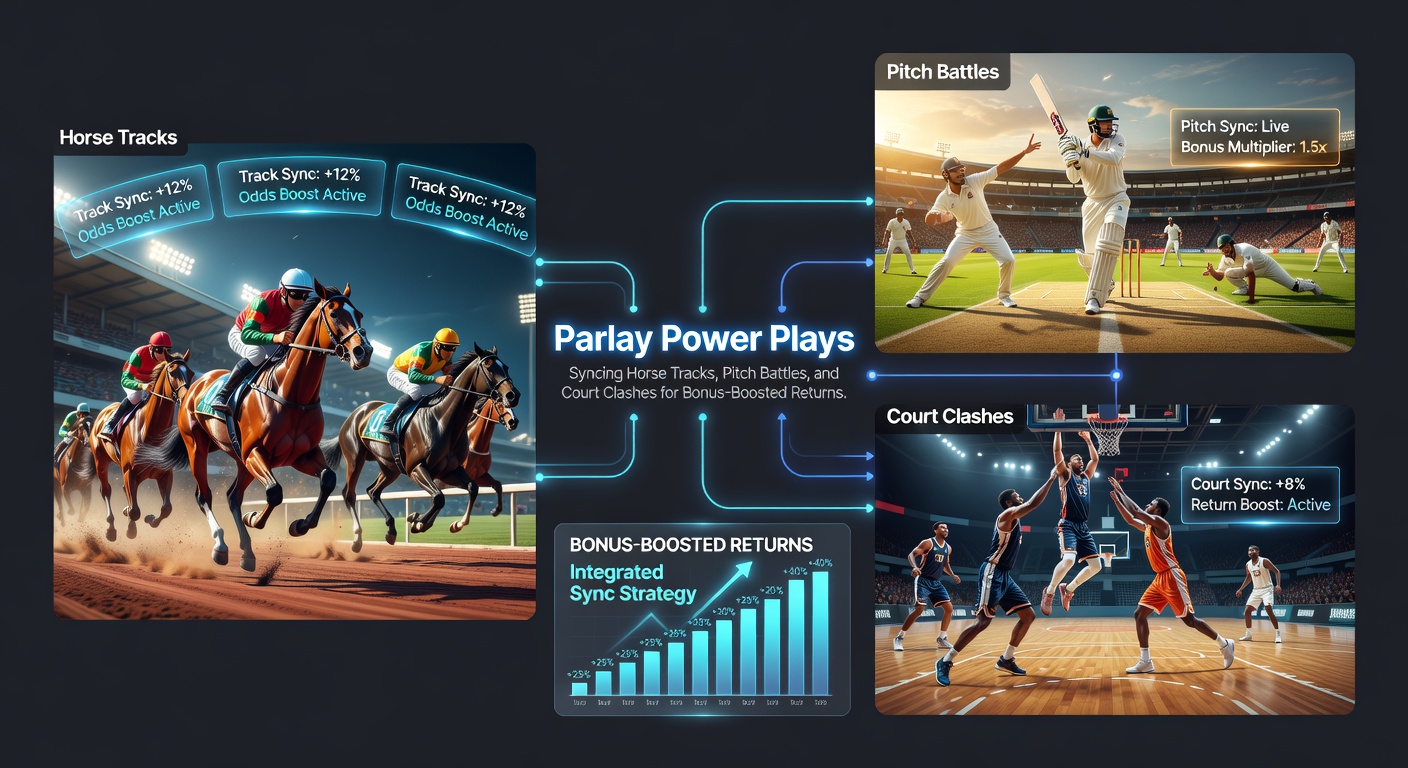 Close-up of a parlay bet slip showing synced selections from horse racing, soccer match, and tennis set, with bonus multiplier highlighted