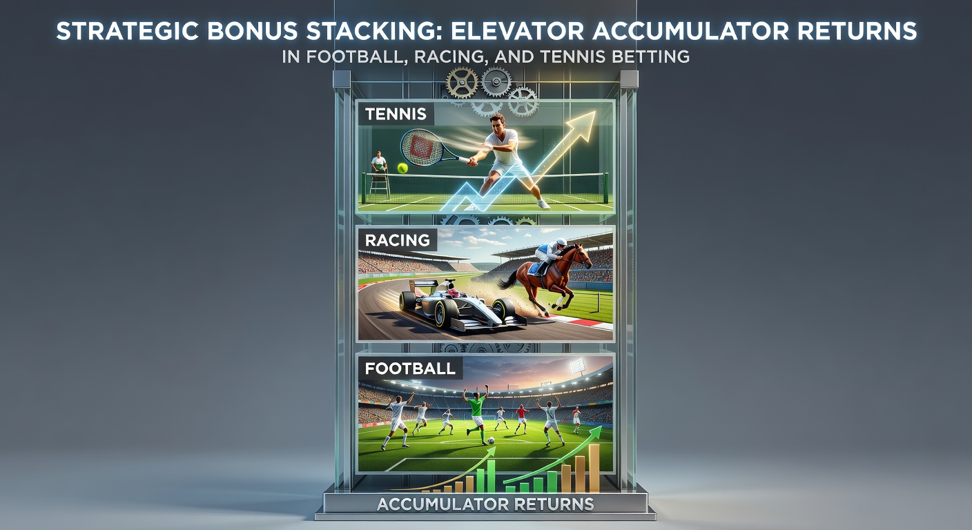 Digital dashboard showing stacked betting bonuses amplifying accumulator odds in football, racing, and tennis markets