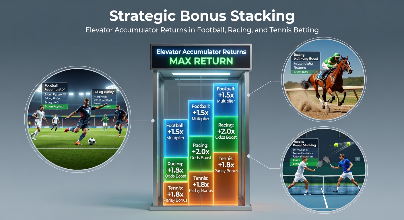 Horse racing accumulator chart with overlaid bonus stacks demonstrating exponential return growth alongside tennis and football examples
