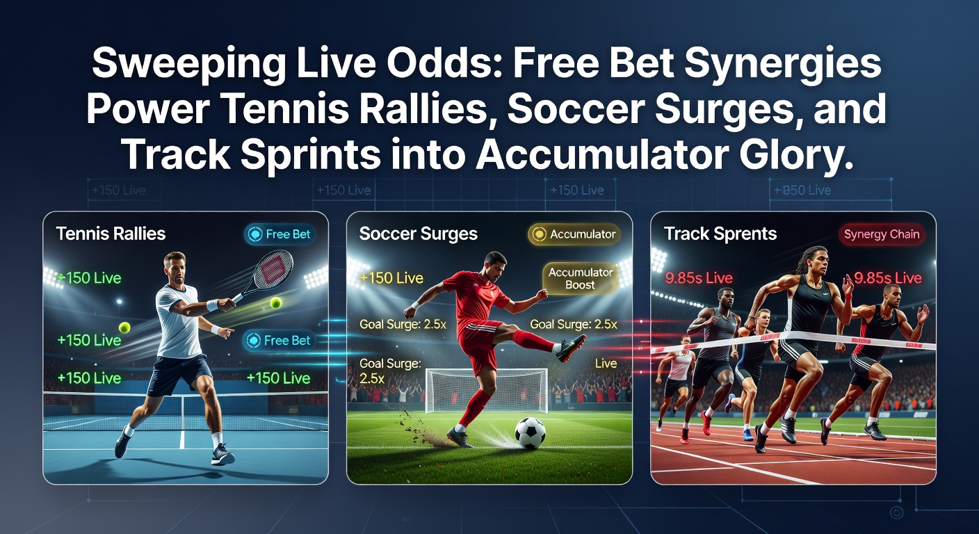 Dynamic display of live betting odds shifting during a high-stakes tennis rally, soccer goal surge, and track sprint finish line