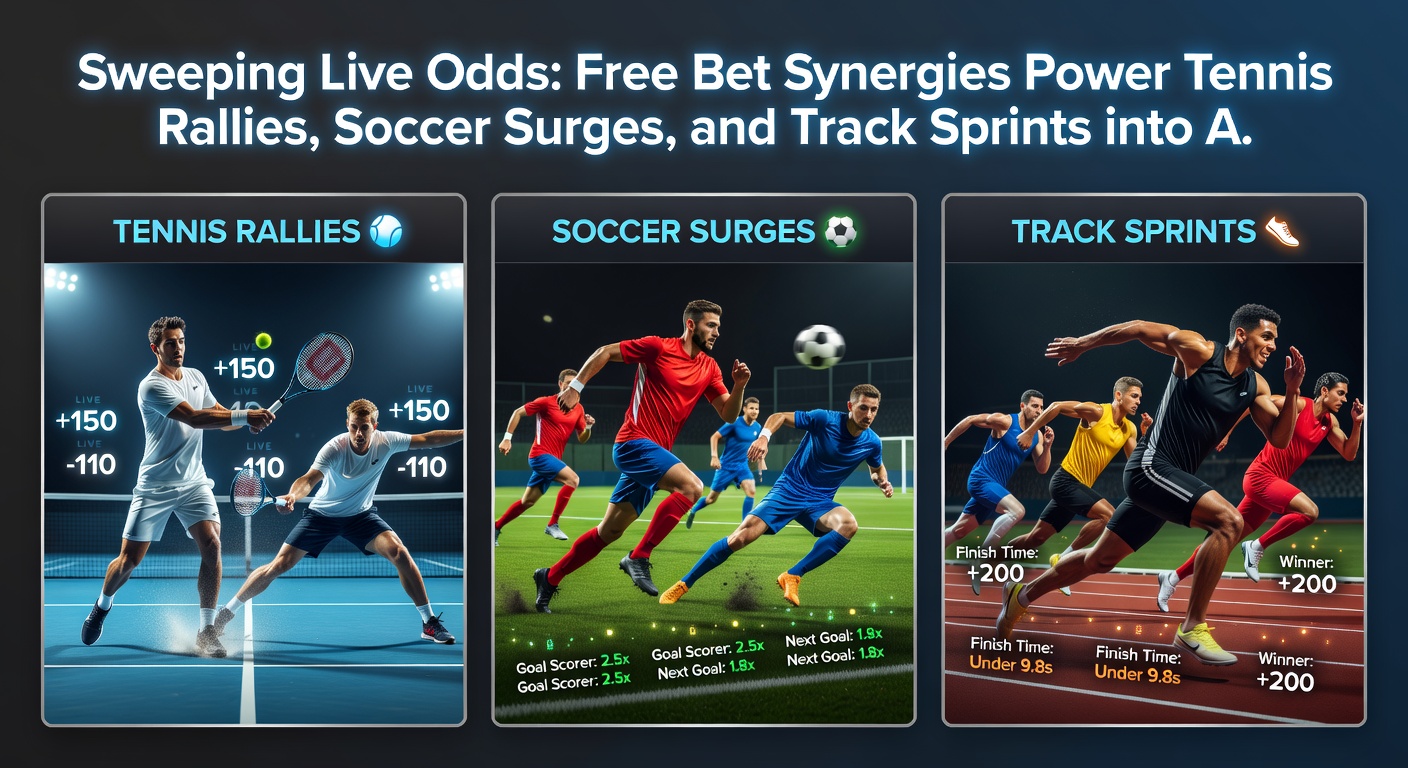 Close-up of a tennis player in a fierce rally, overlaid with fluctuating live odds screens showing accumulator legs building