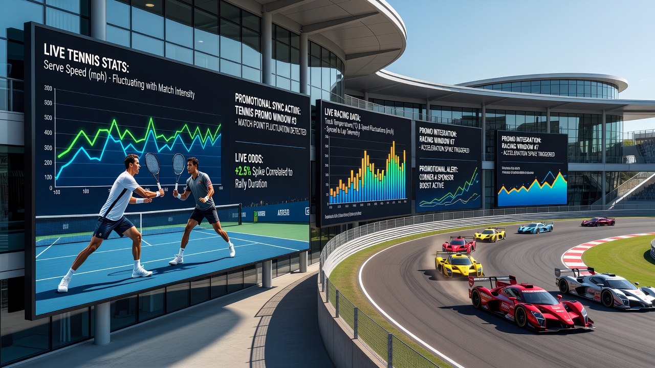 Racing track with fluctuating odds boards and synchronized promotional banners during a live event