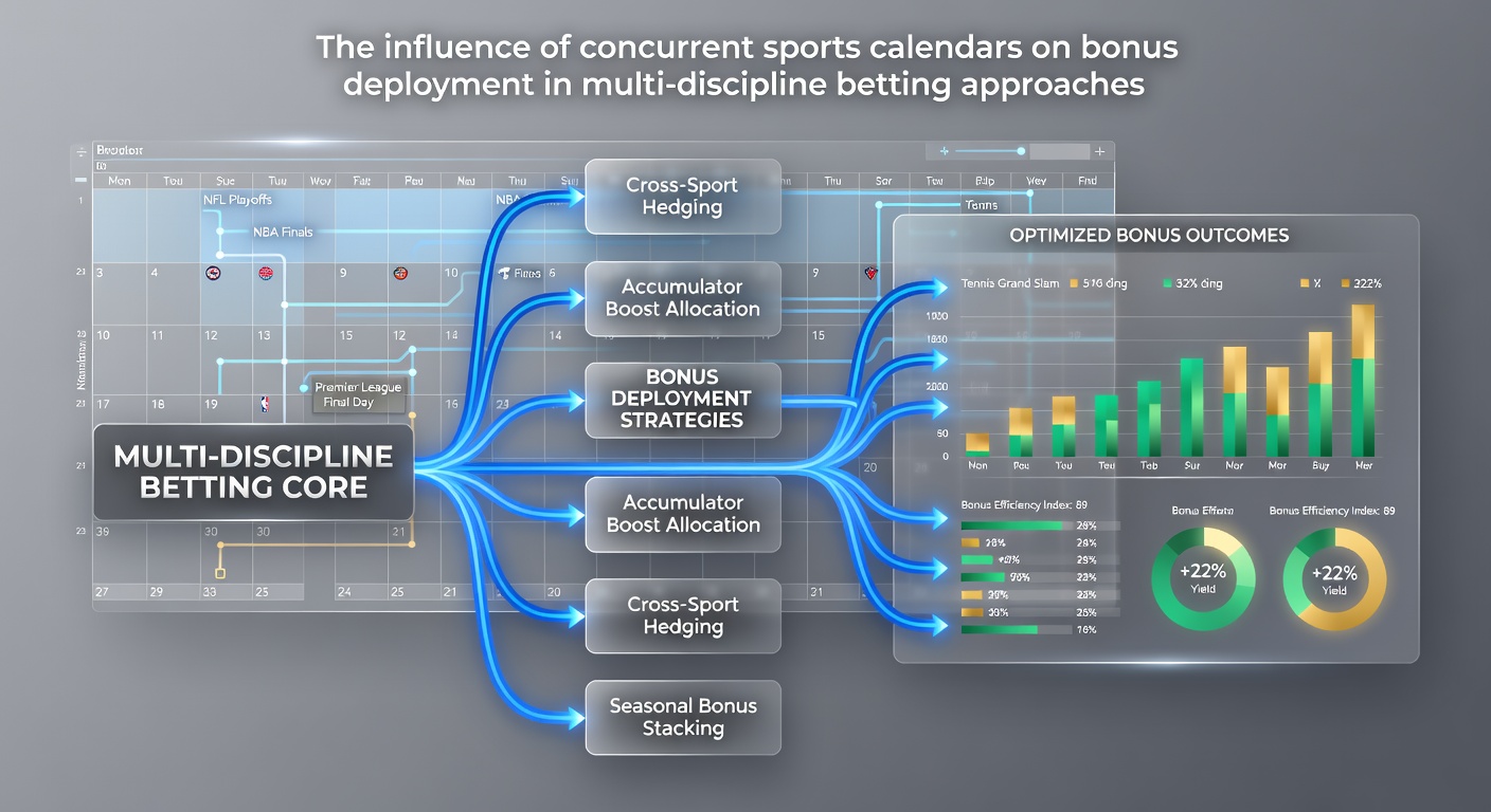 Visual representation of overlapping sports calendars including soccer, tennis, and horse racing events influencing betting bonus strategies